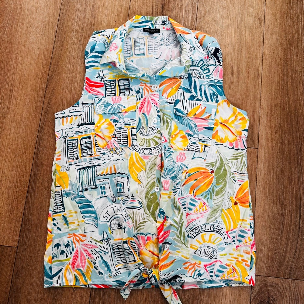 Ava & Grace Tropical St Tropez Print Sleeveless Tie Front Rayon Top Large